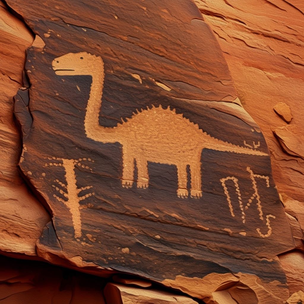 Ancient Impressionist Petroglyph of a Brontosaurus