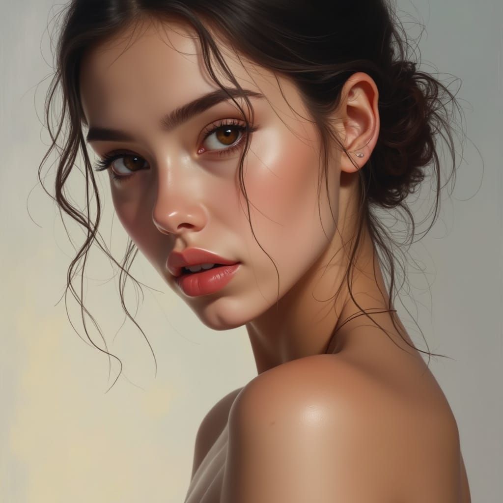 Hyper Realistic Portrait of Elegant Young Woman in Grand Vil...