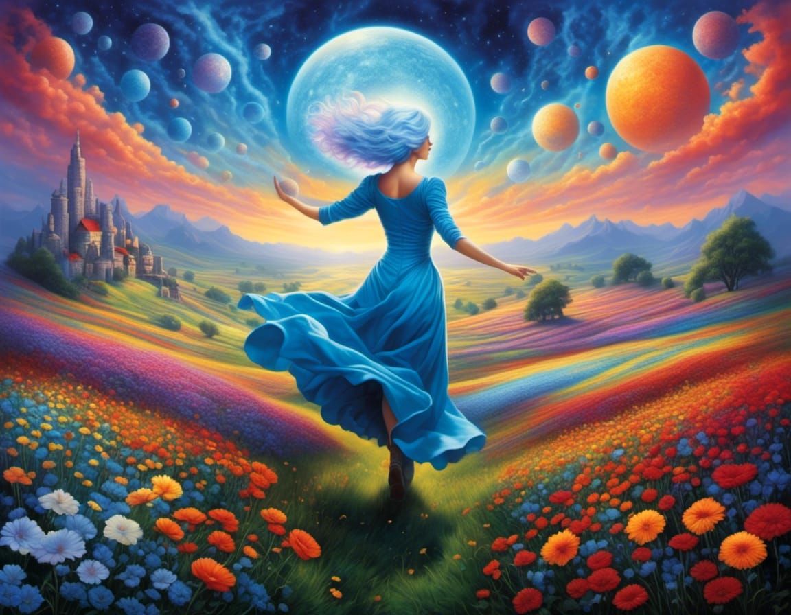 <lora:Cosmic Dream:1.0>, far shot of a beautiul woman with short lush light blue hair dancing in a field of flowers, lan...