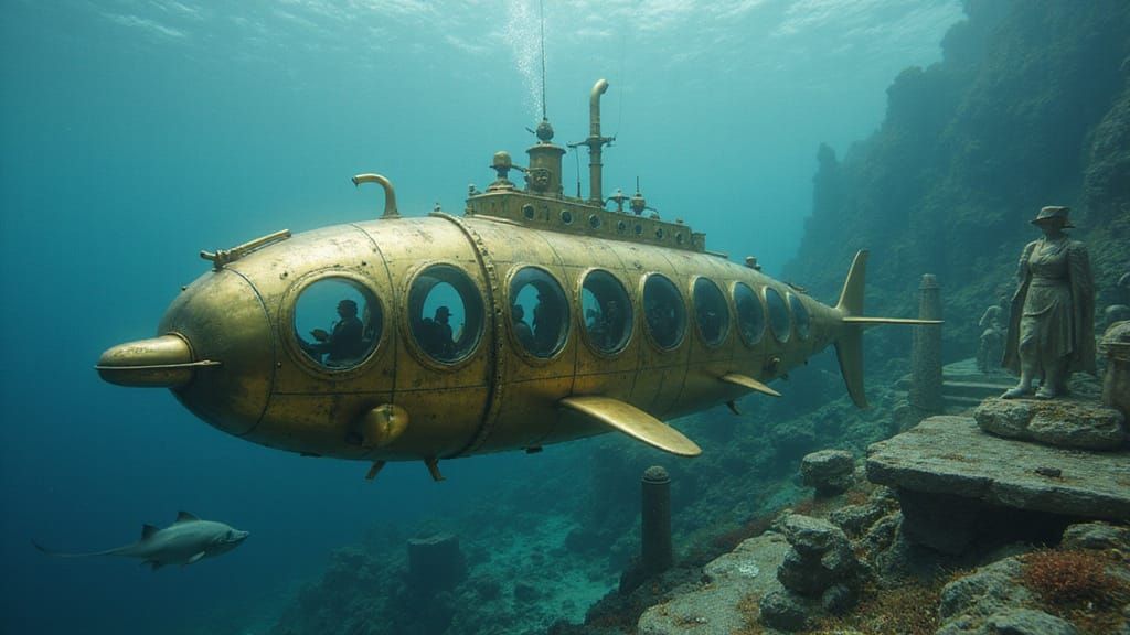 Steampunk Dolphin Submarine Exploring Greek Ruins