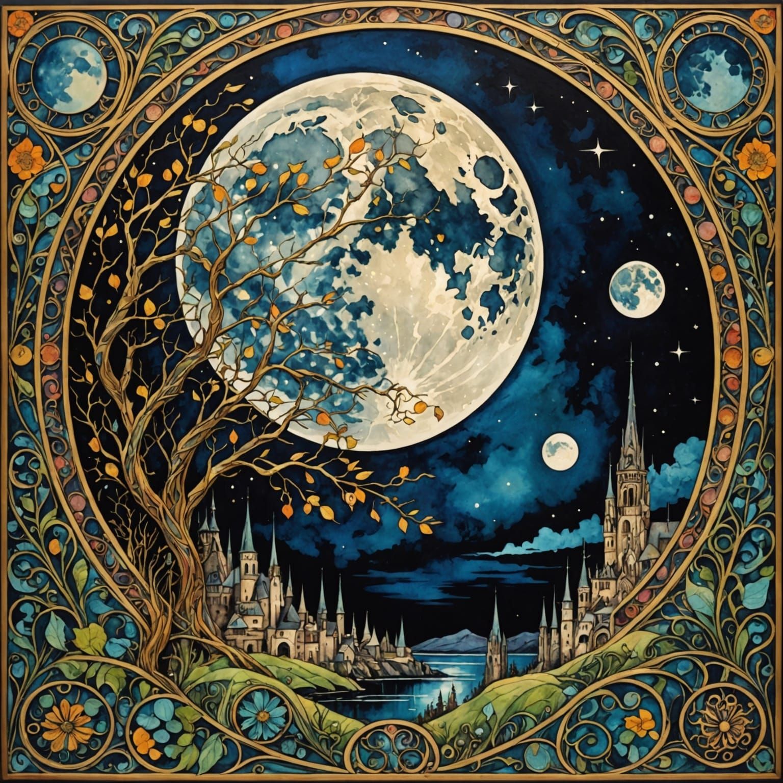 Art Nouveau Full Moon Ink Painting