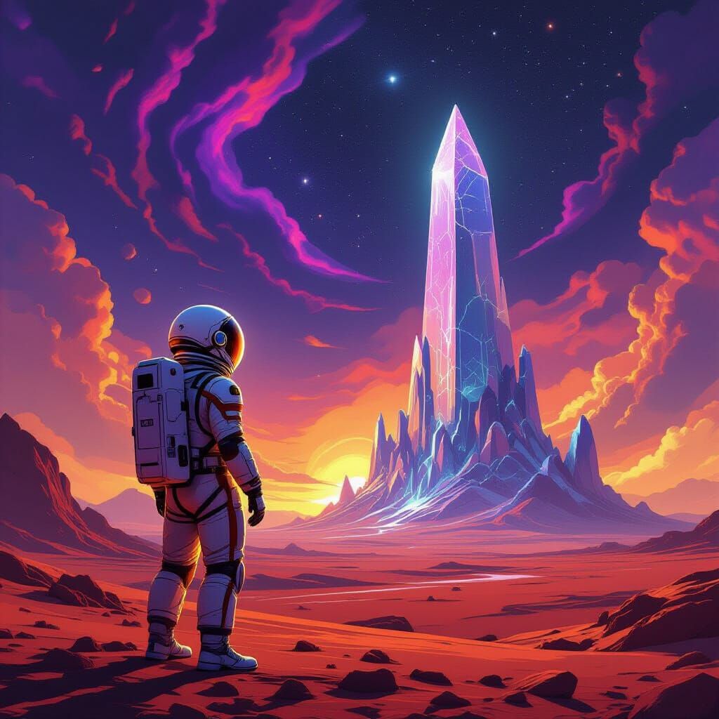 Astronaut on Crimson Planet With Alien Structure
