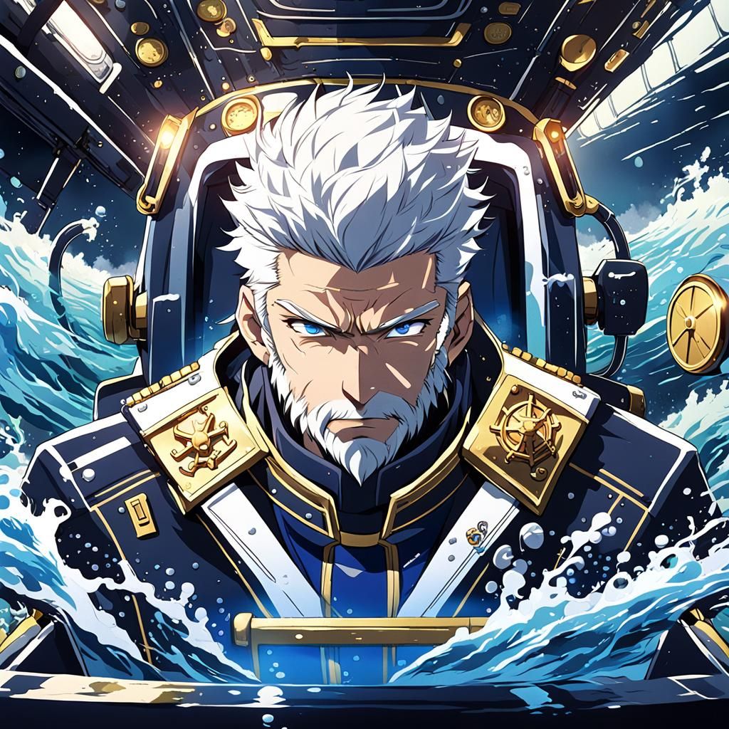 Anime-Style Submarine Captain in Stormy Seas