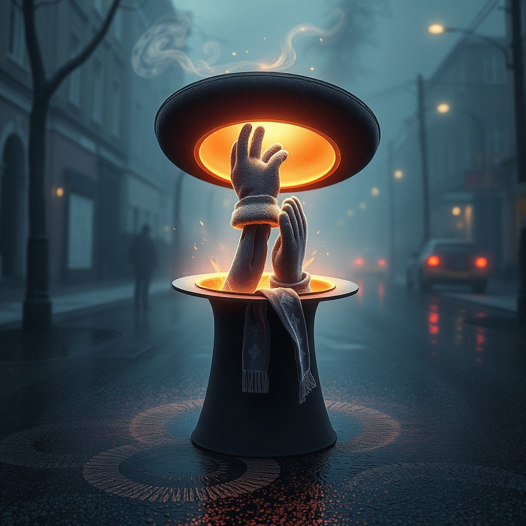 Magician's Hat Conjures Winter in Rain-Soaked Street
