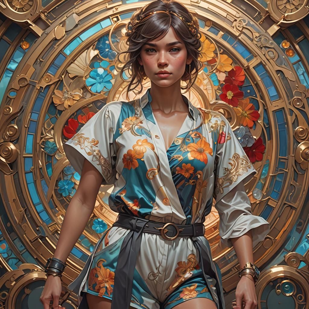 Detailed Portrait of Woman in Romper, Art Nouveau Style