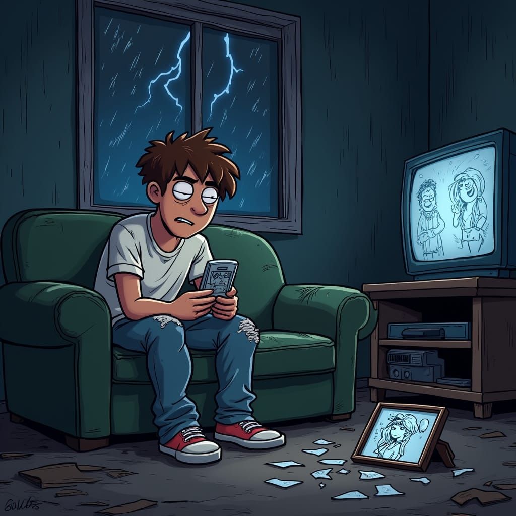 Heartbroken Cartoon Man in Dark, Messy Living Room