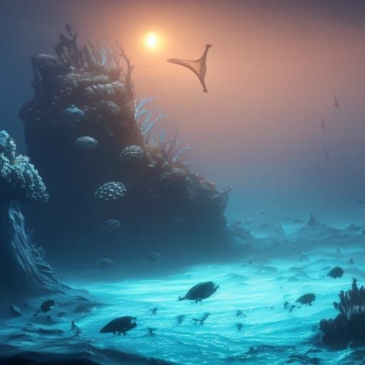 Ancient Sea Creatures in Deep Blue Underwater World