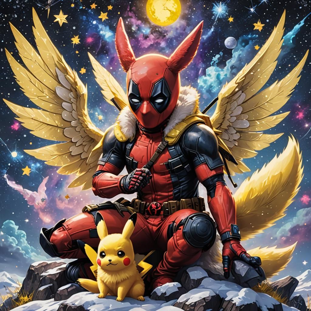 Deadpool with Fairy Wings and Pikachu, Anime Style