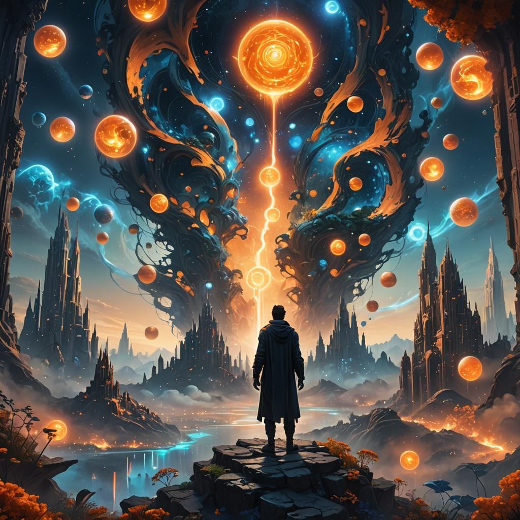 God in Surreal Cityscape with Glowing Orbs