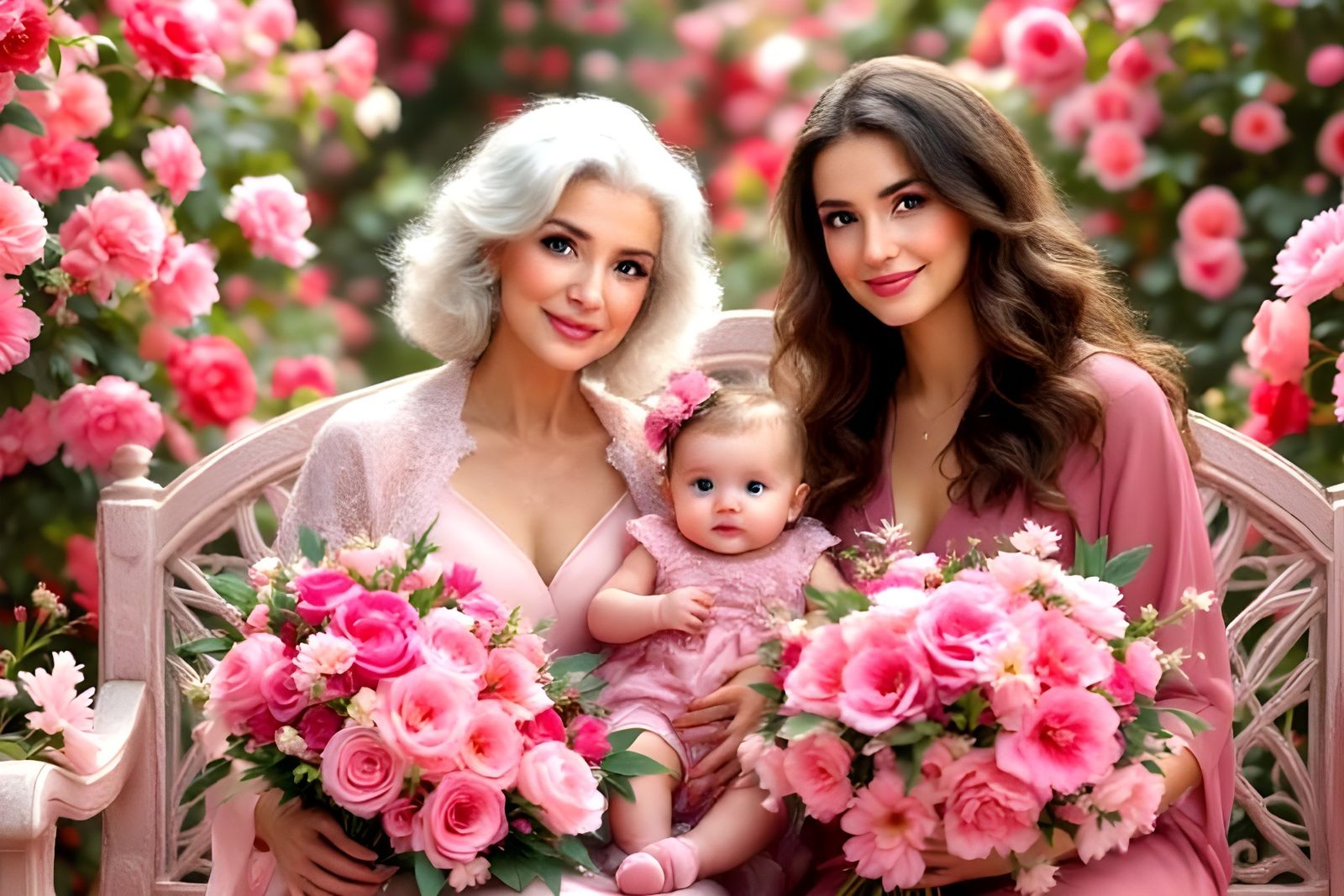 Family Portrait with Pink Flowers in Digital Art Style