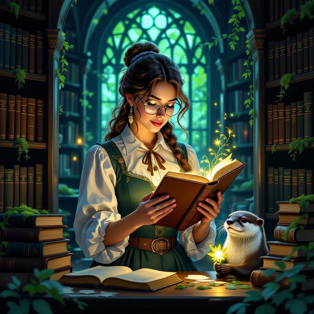 Enchanted Librarian & Otter in Art Nouveau Style