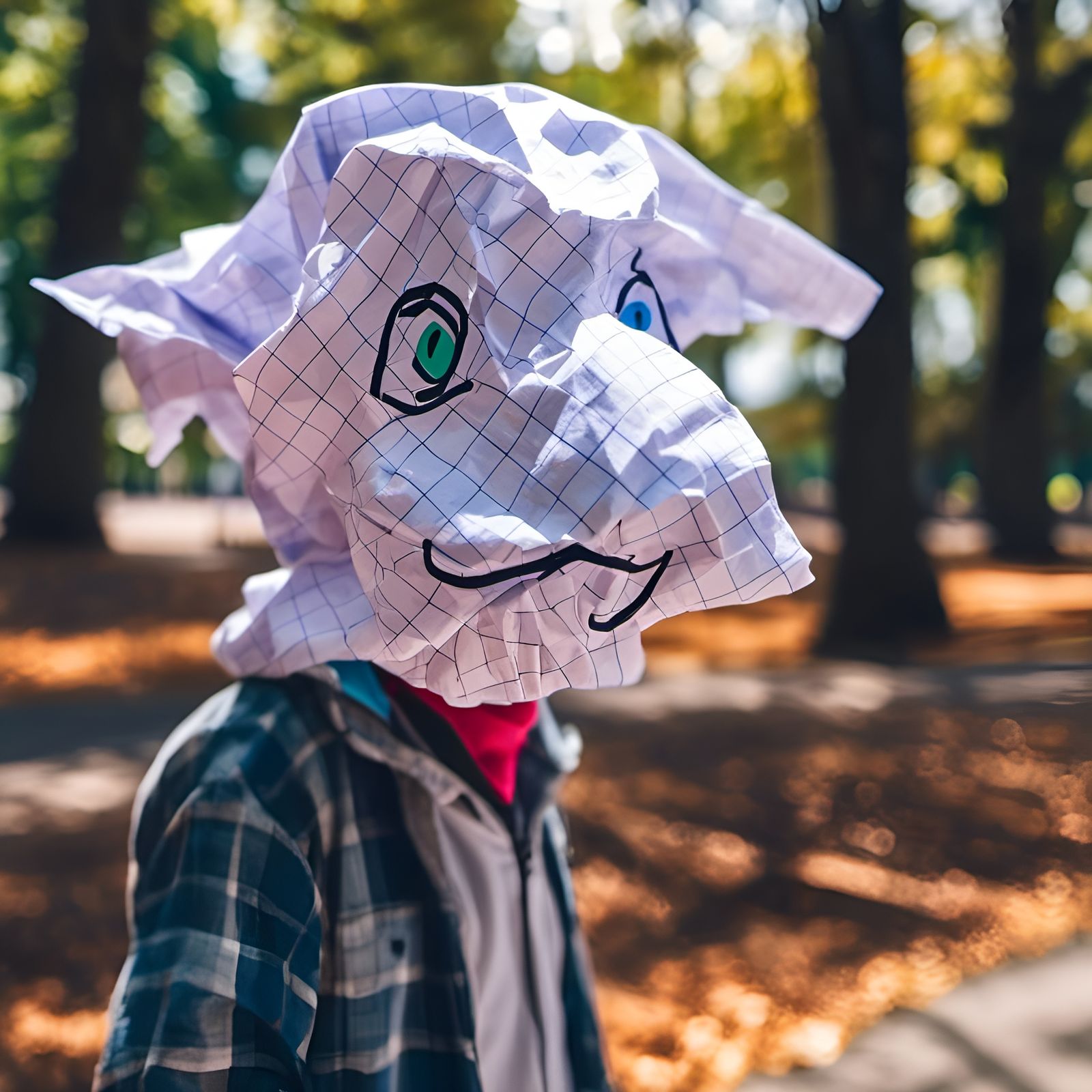 Paper-Faced Character Walks in Forest Photo