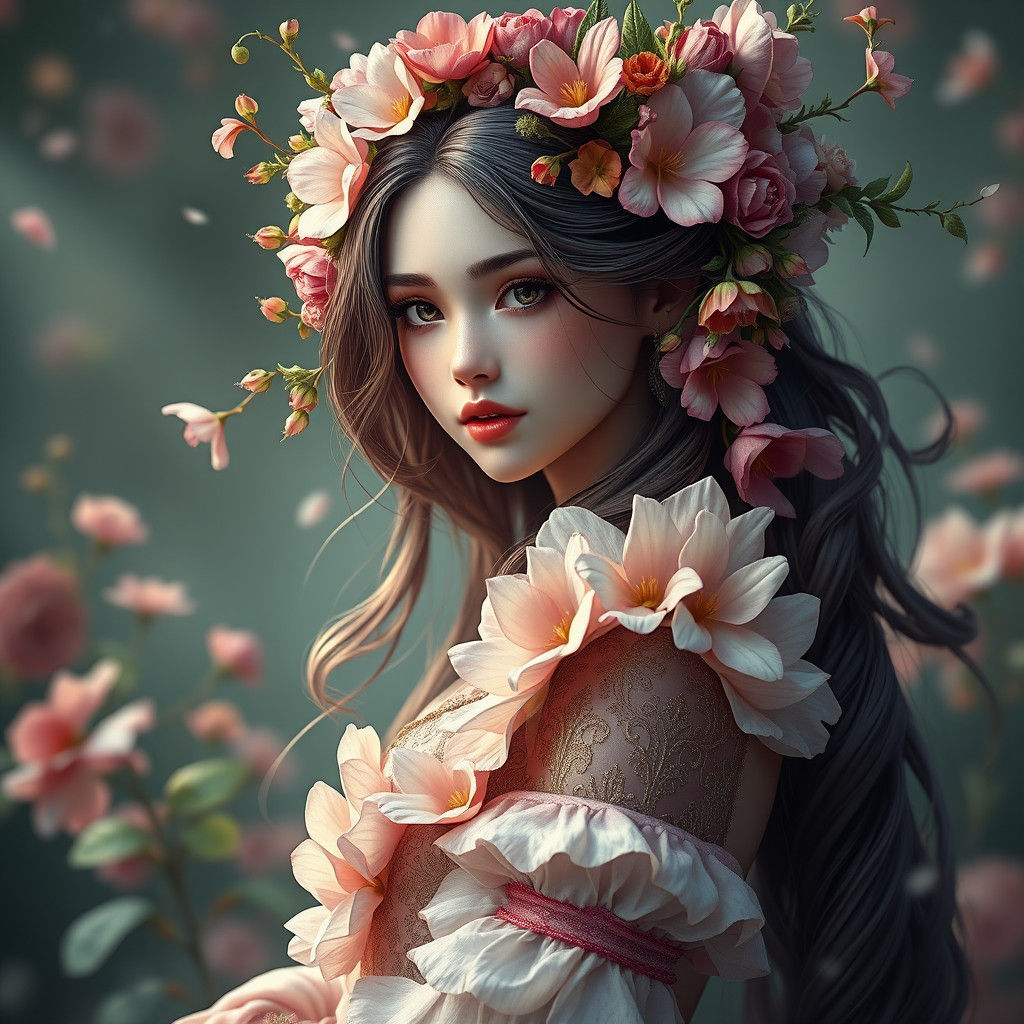 Fantasy Flower Girl Portrait in Digital Art Style