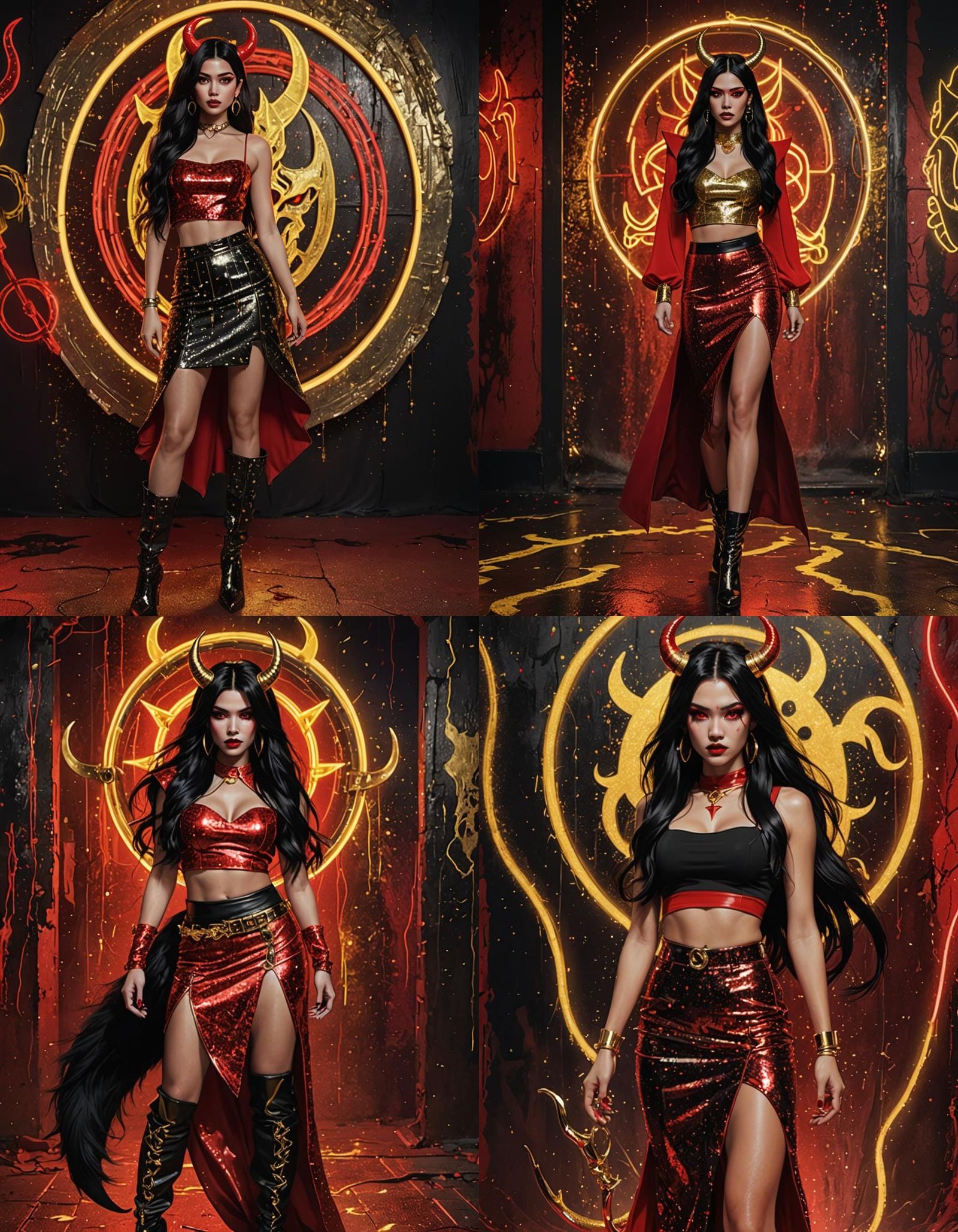 a beautiful Devil with long black hair, gold hoop earrings, ...