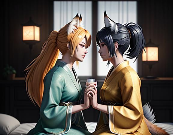 Female Kitsune Kissing in Manga-Inspired 3D Art