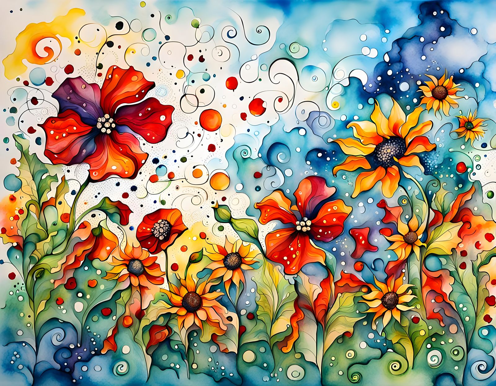 ABSTRACT hibiscus flowers, sunflowers, poppies in alcohol in...