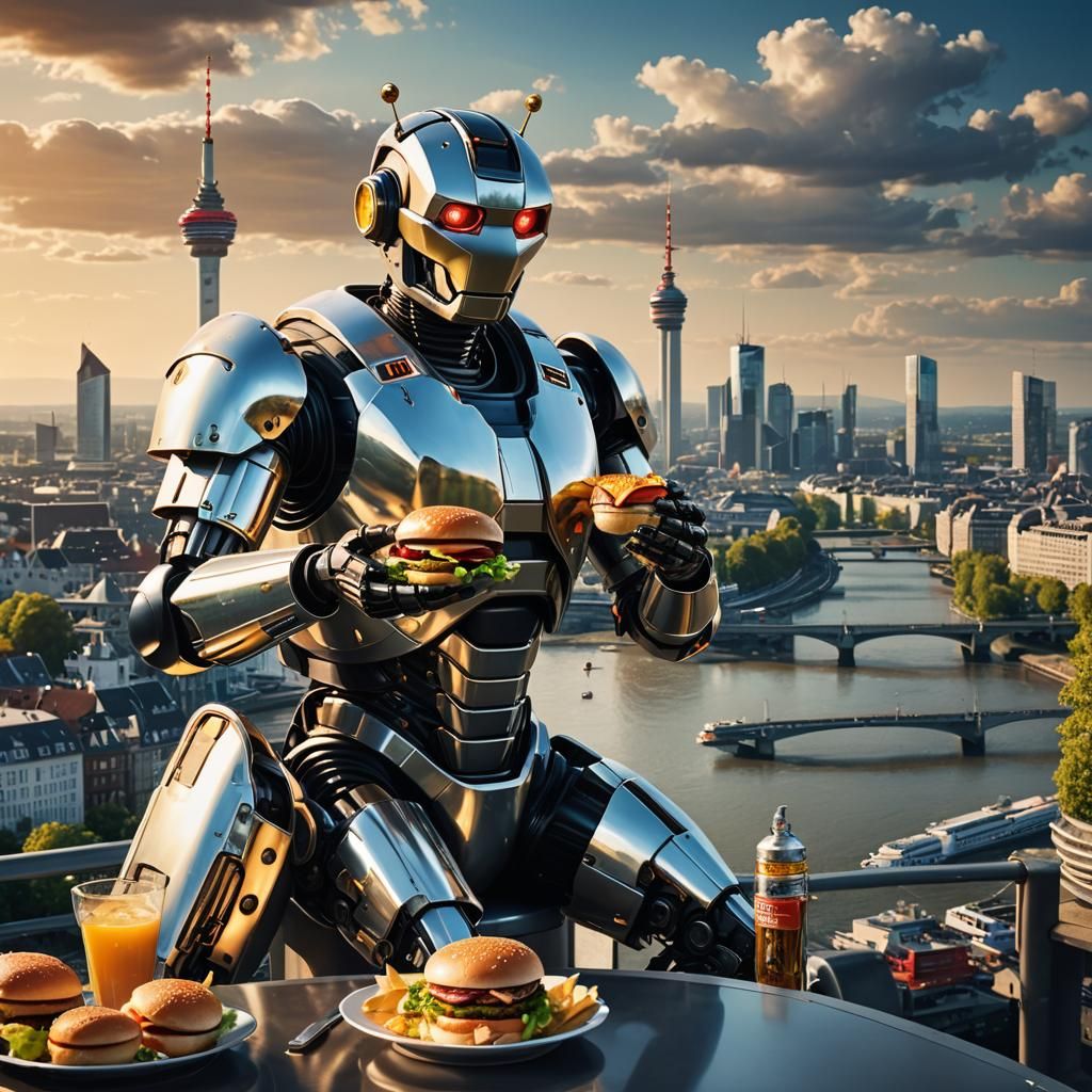 Robot on Rheinturm Holding Burger, Syd Mead Style