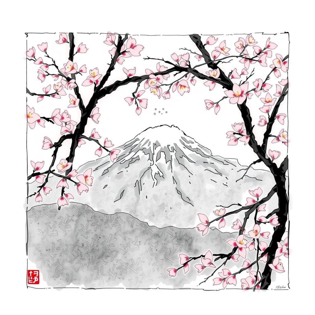 Snowy Mount Fuji in Traditional Japanese Art Style