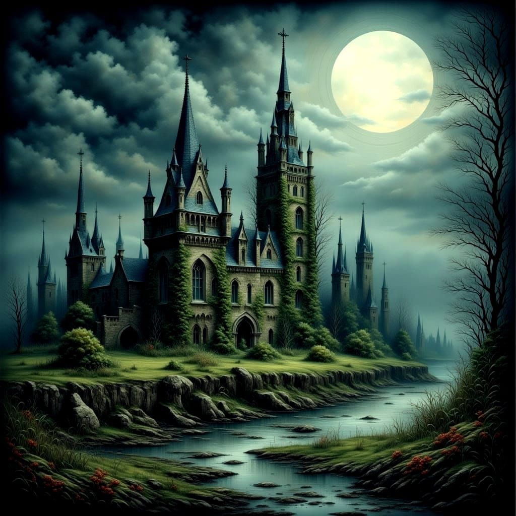 Ivy Towers Under Moonlight in Antique Watercolor Style