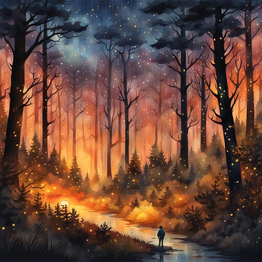 Dog in Rainy Autumn Forest Watercolor