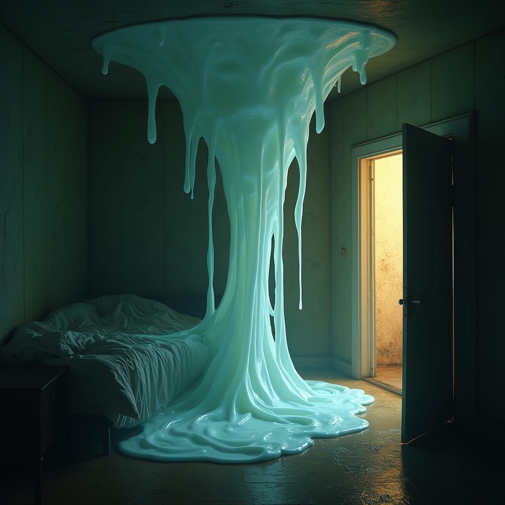 Eerie Slime Monster Descends from Ceiling in Dark Bedroom