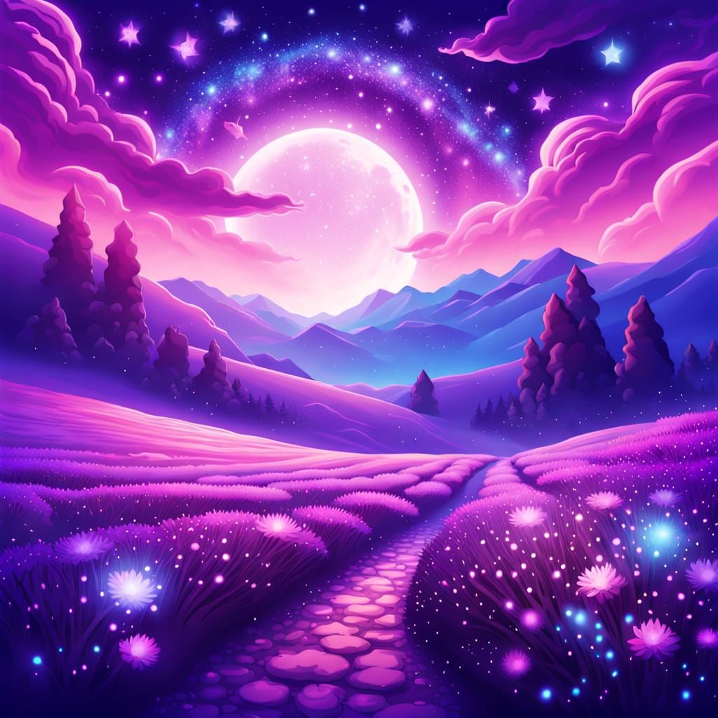 Surreal Lavender Valley Under Starry Sky with Celestial Rive...