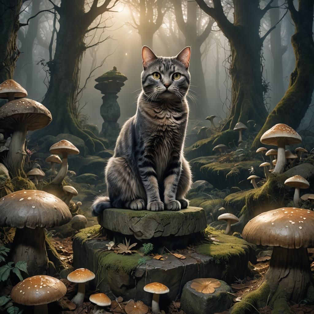 British Shorthair Cat in Mystical Forest, Fantasy Art