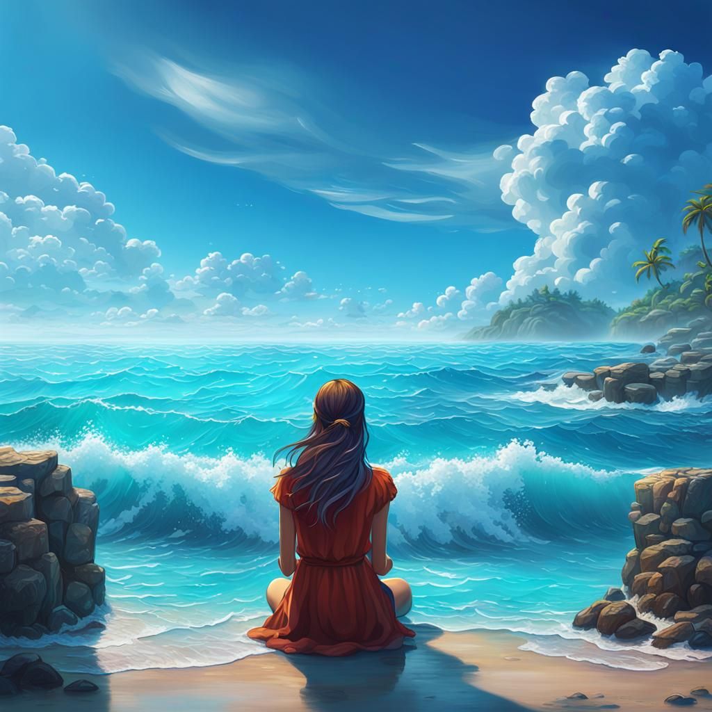 Dreamy Girl at Azure Sea: Fantasy Concept Art