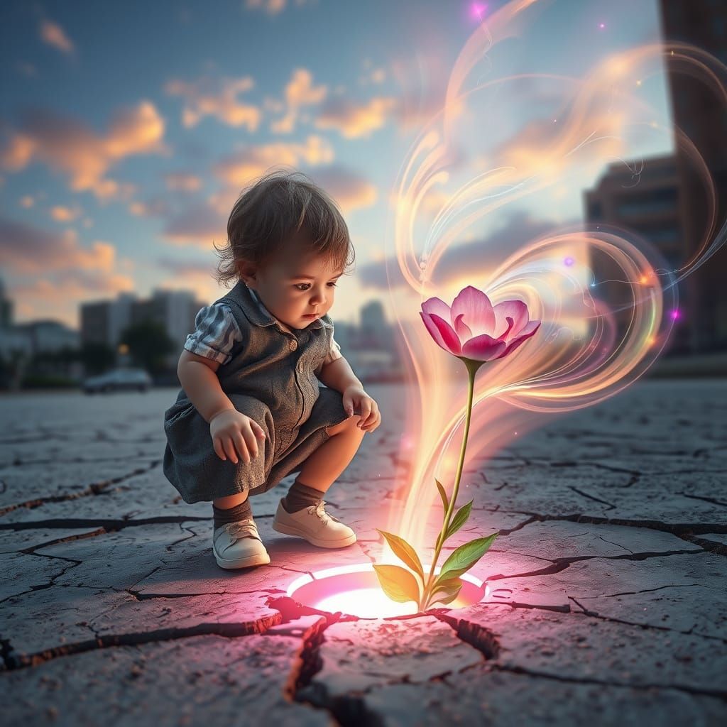 Child and Ethereal Light in Surreal Urban Scene