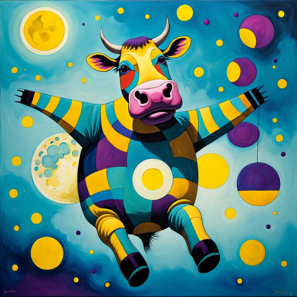 Psychedelic Cow Jumps Over Moon in Surrealist Style