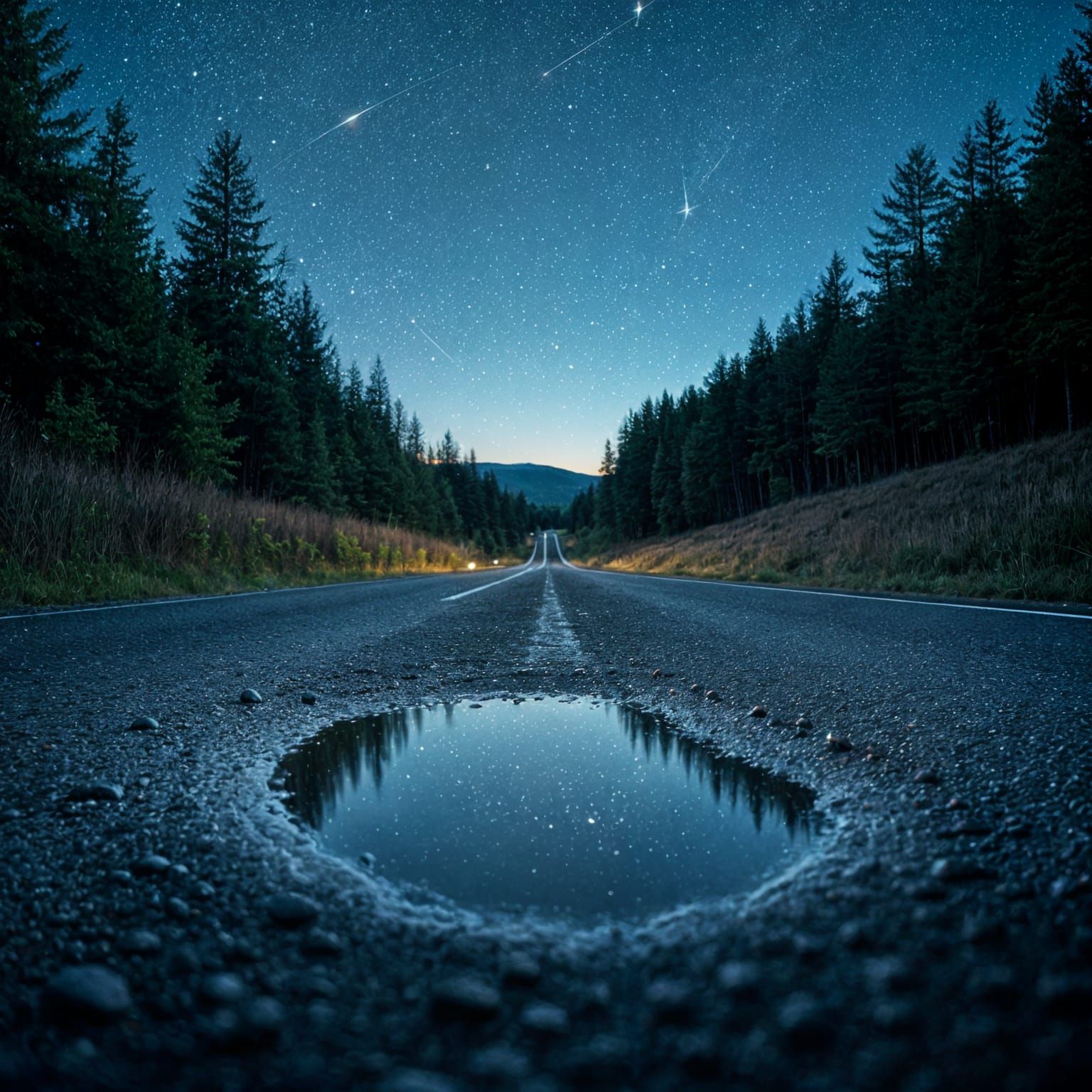 Starry Sky Reflection in Road Puddle