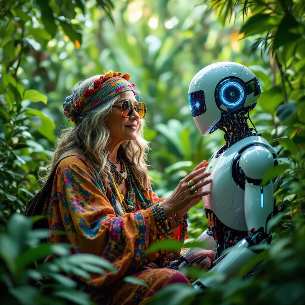 Hippie Woman Interacts with AI System in Cinematic Film Stil...
