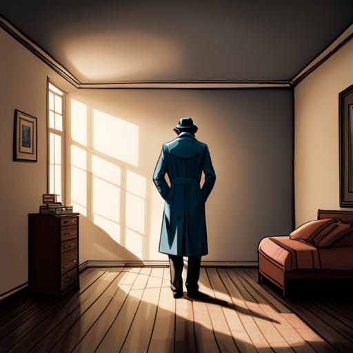 Sad Glowing Blue Man in Trenchcoat at Night