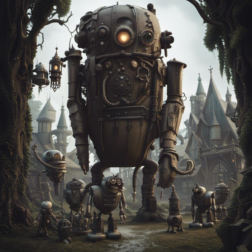 Gothic Village Retro Robots in Dark Academia Style