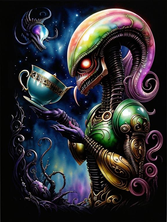 Xenomorph Sipping Tea: Fantasy Watercolor Art