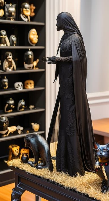 Witch Gazing at Black Cat Statues in Museum