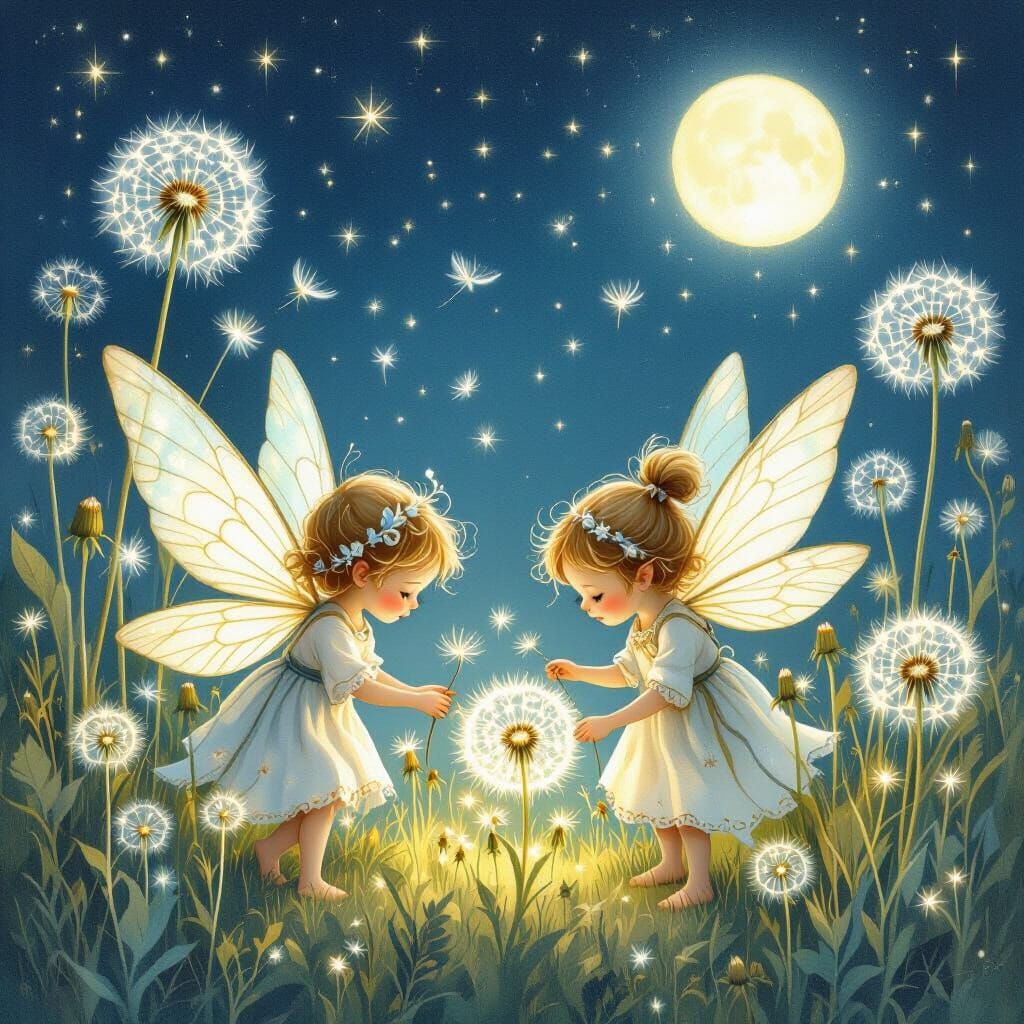 Enchanted Garden of Glowing Dandelions by Moonlight Sprites