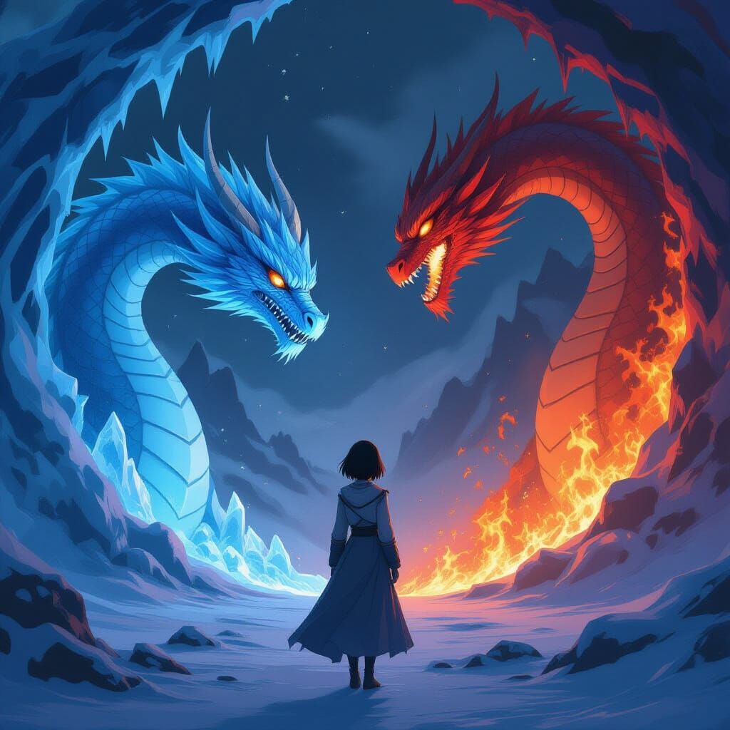 Anime Woman Between Ice and Fire Dragon Realms