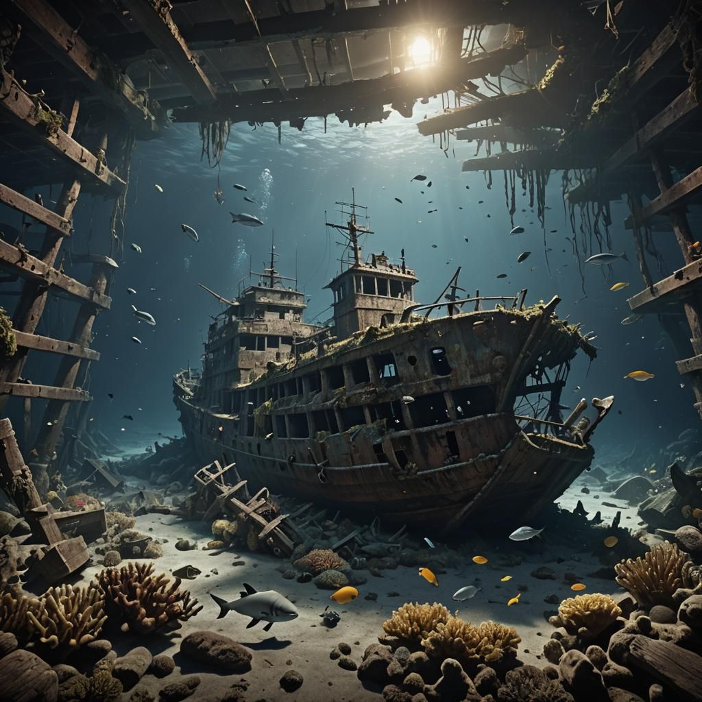 Photorealistic Shipwreck Scene with Marine Life