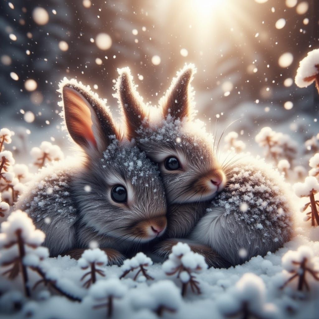 Adorable Winter Bunnies in a Serene Snowy Scene