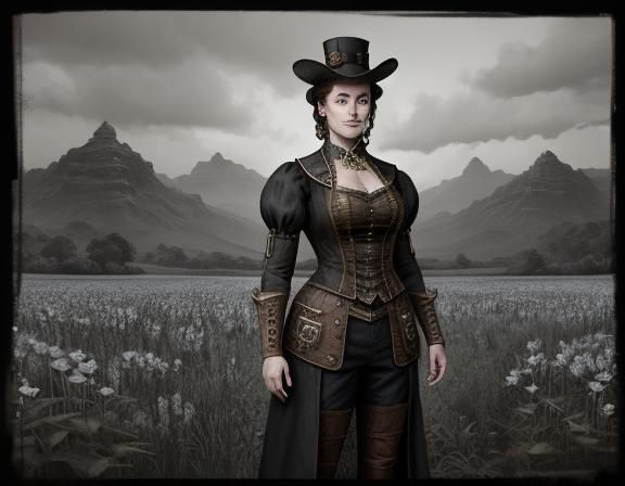 Steampunk Woman in Field, Beatrix Potter Style