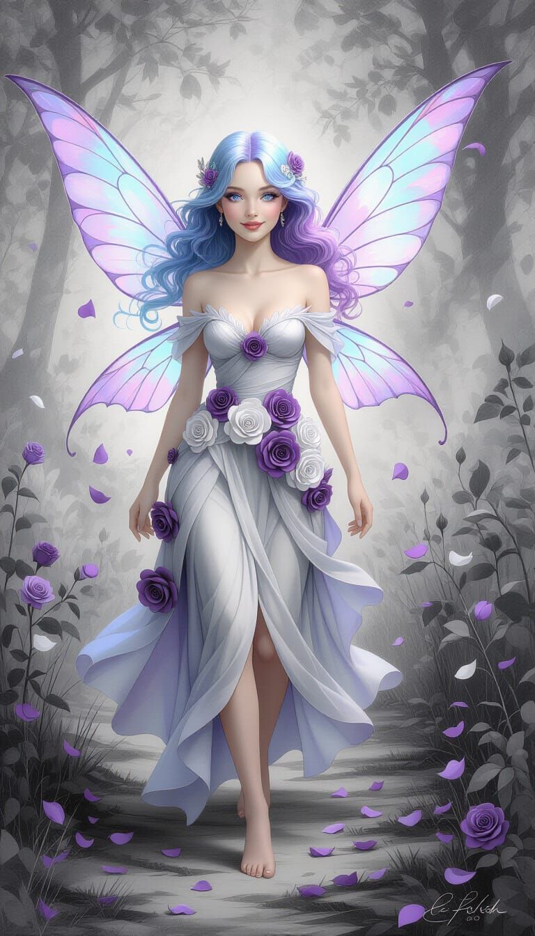 Ethereal Fairy on Rose Path in Graphite Sketch Style
