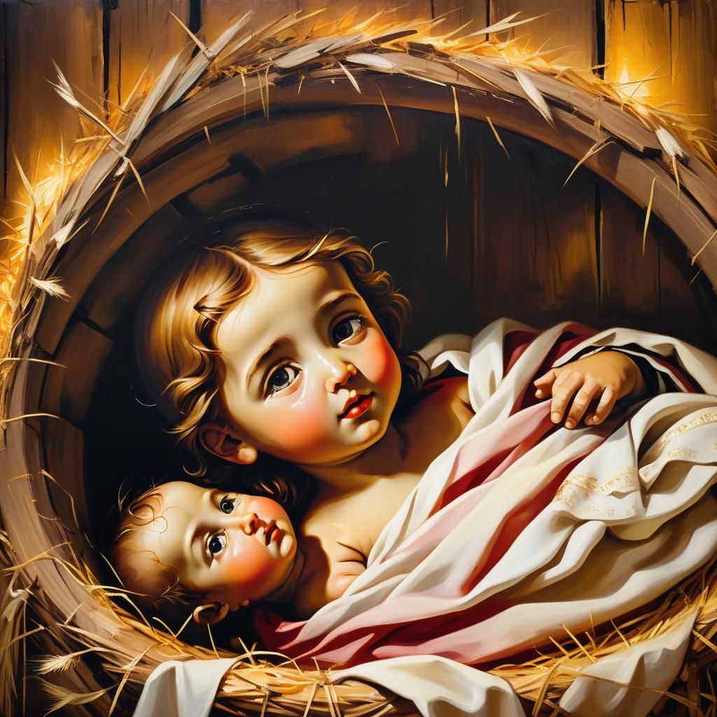 Renaissance Painting of Baby Jesus in Manger