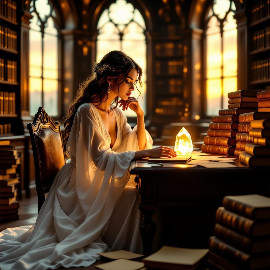 Figure in White Robe at Desk in Ancient Library