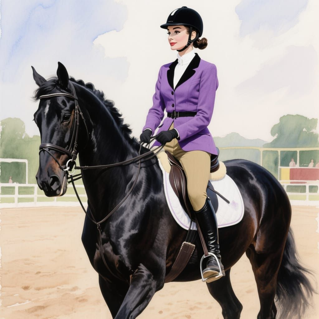 Audrey Hepburn as Equestrian in Impressionistic Watercolor