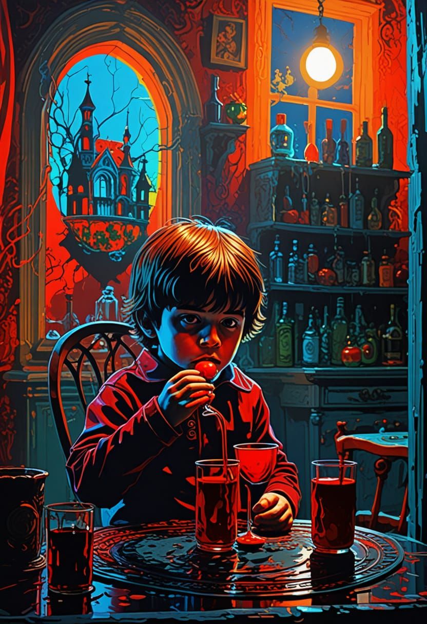 Surreal Gothic Pop Art Scene with Glowing Tomato Juice