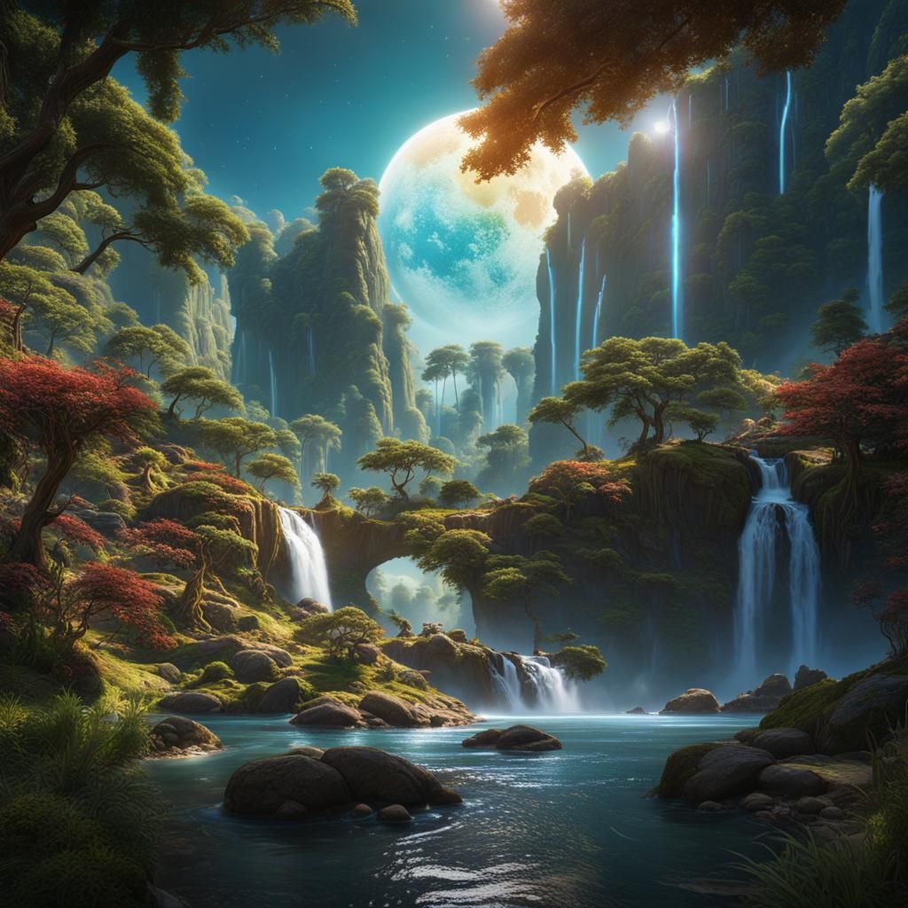 Lush Alien Planet with Multiple Suns and Moons