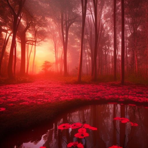 Glowing Red Trees Under Blood Moon