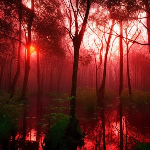 Glowing Adansonias in Overgrown Swamp at Sunset