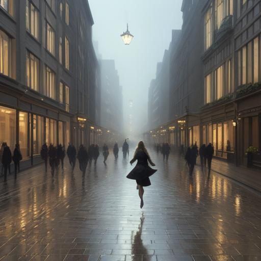 Impressionist Woman Runs Through Coventry at Dusk